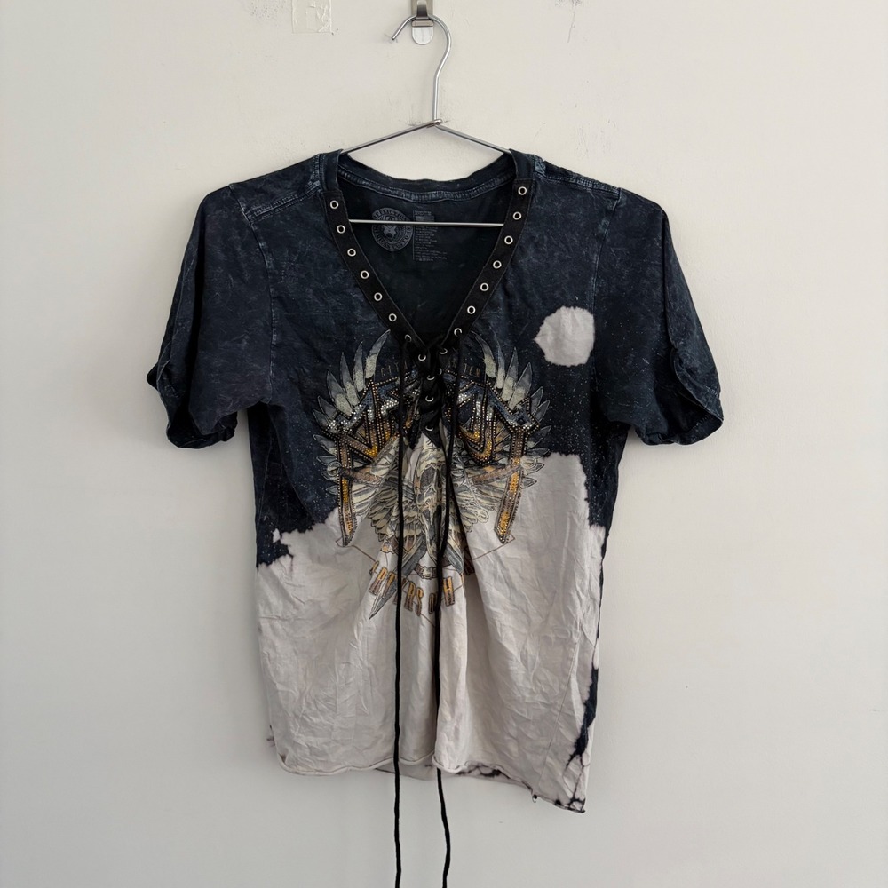 Affliction American Customs Bleach Wash Lace Up Graphic T-Shirt Black White M